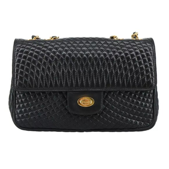 BALLY Quilted Chain Shoulder Bag Leather Black Gold Auth